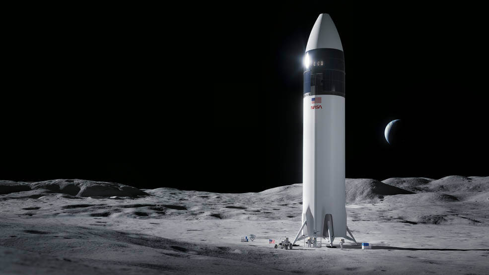 איור של  נחתת SpaceX Starship  שתישא את האסטרונאוטים הראשונים של נאס"א לירח במסגרת תוכנית ארטמיס. איור: SpaceX