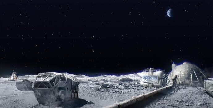 Helios' vision for the future of humanity: a base on the moon, with a local oxygen reservoir. PR photo, Helios