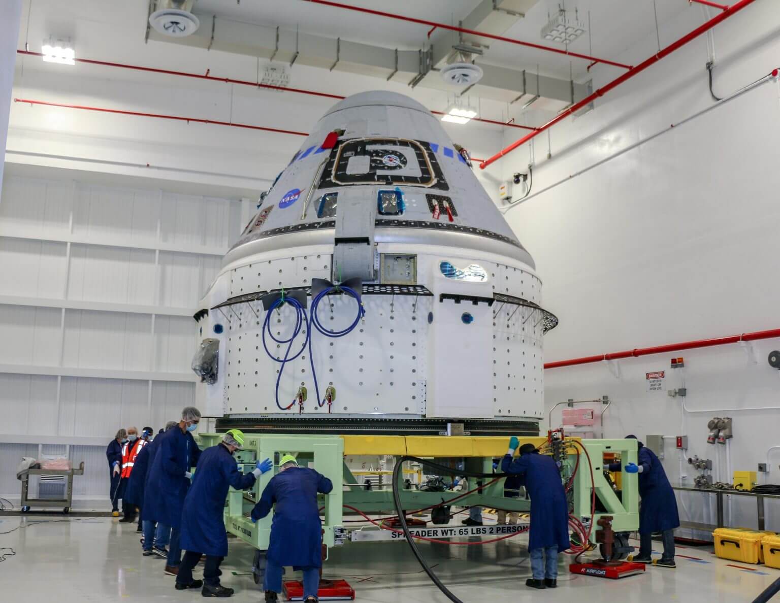 A Boeing CST-100 Starliner spacecraft flown in Orbital Flight Test-2 (OFT-2) is seen at the Commercial Crew and Payload Processing Facility at NASA's Kennedy Space Center in Florida on June 2. Credit: Boeing