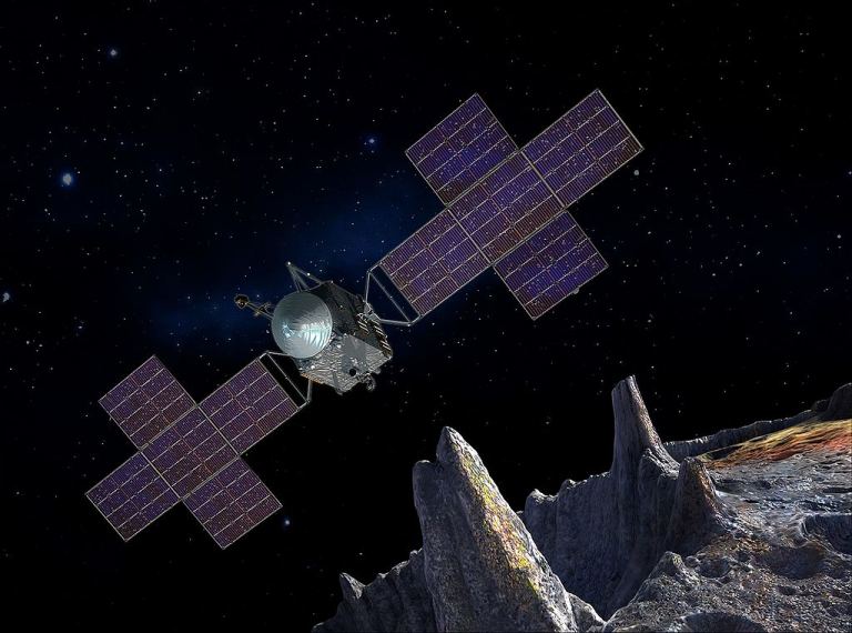 עיבוד תמונה של החללית שמתוכננת להגיע לאסטרואיד פסיכה עד 2026. NASA/JPL-Caltech/Arizona State Univ./Space Systems Loral/Peter Rubin