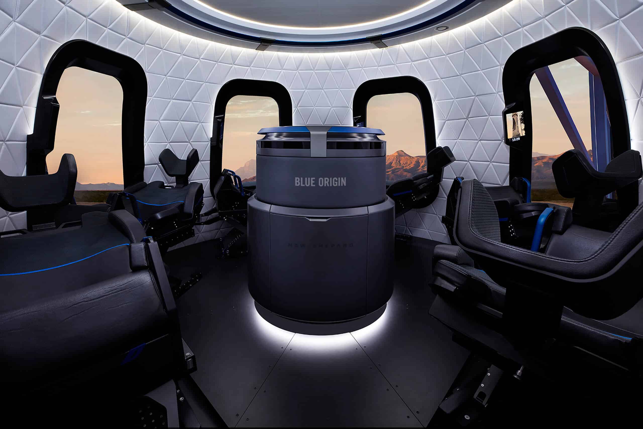 With room for six astronauts, the spacious and compact crew capsule is comfortably furnished and each passenger gets their own window seat. PR photo, Blue Origin