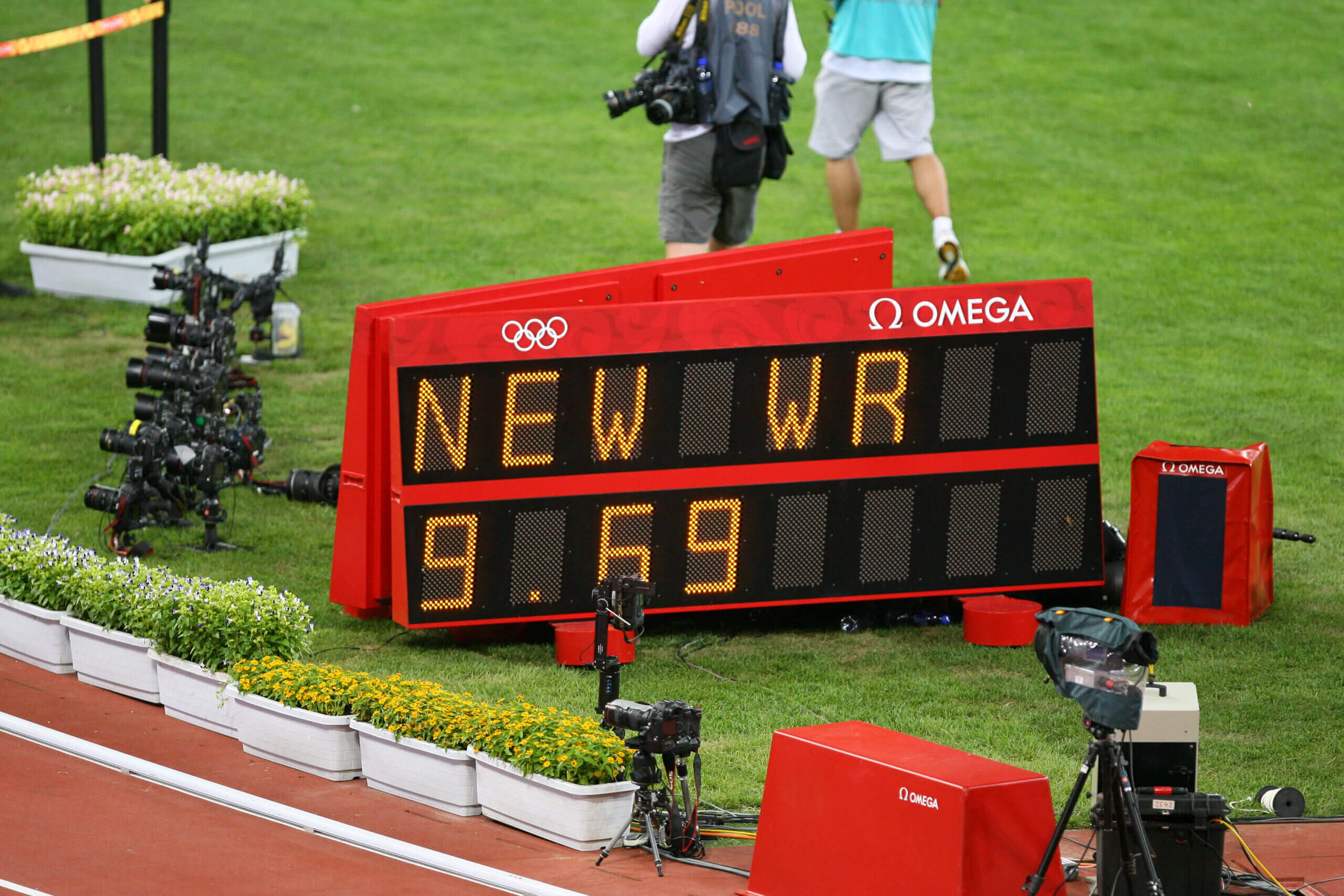 הכרזה על שיאו של יוסיין בולט בריצת 100 מטרים באולימפיאדת ביג'ינג 2008. צילום: shutterstock
