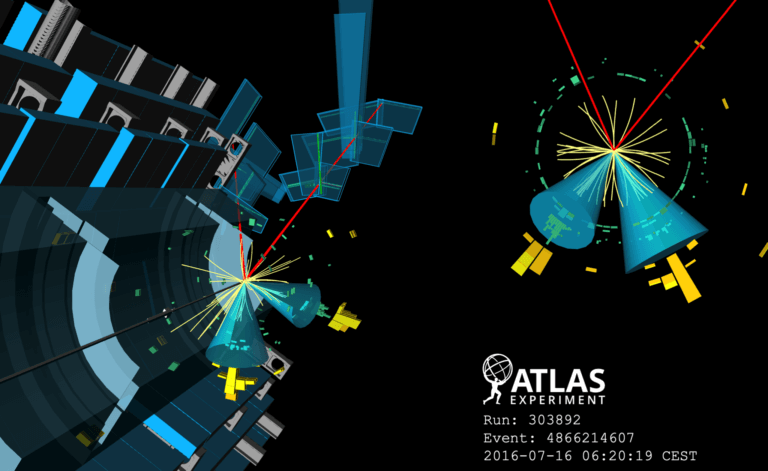 A visual illustration of one of the collisions observed in the Atlas detector, and is an example of the type of processes we are looking for, and the signature they leave in our detectors. In this case a Higgs boson is created, together with another massive boson called Z (the carrier of the weak force). The blue cones and the yellow rectangles adjacent to them represent the pair of quarks into which the Higgs decayed, in this case they are of the magic type. The Z decays into two particles called muons, which can be identified by the red lines in the image. From the CERN website