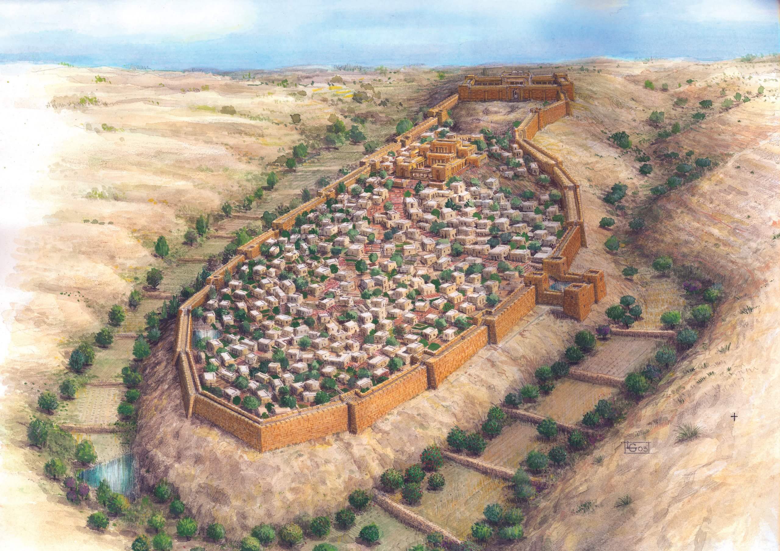 Illustration - The walls of the city of Jerusalem during the days of the First Temple - Leonardo Gurvitz - City of David Archives