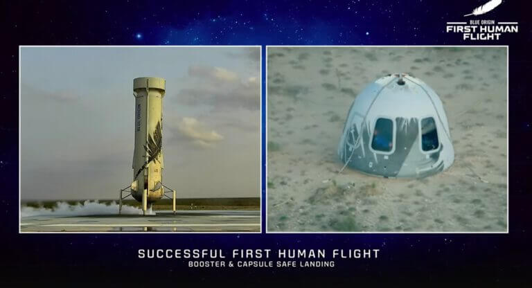 The Blue Origin spacecraft lands safely after its first successful launch with astronauts including CEO Jeff Bezos, his brother Mark, and two astronauts. Screenshot