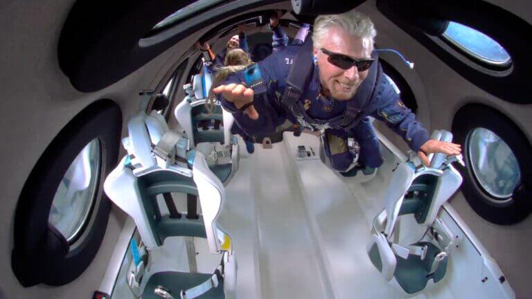 Richard Branson, founder and CEO of Virgin Galactic hovers in the passenger compartment of the suborbital spaceship SpaceShip2 on the Unity 22 mission on July 11, 2021. PR photo, Virgin Galactic