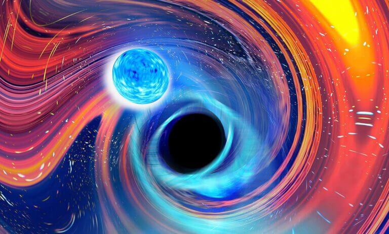 כוכב ניוטרונים רגע לפני התמזגותו עם החור השחור. איור: Carl Knox OzGrav/Swinburne University of Technology