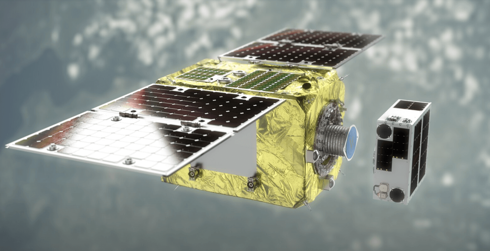 On the right is the small satellite to which the ELSA-d satellite is connected (the larger satellite that simulates a sound satellite. Fig. Yehats, Astroscale