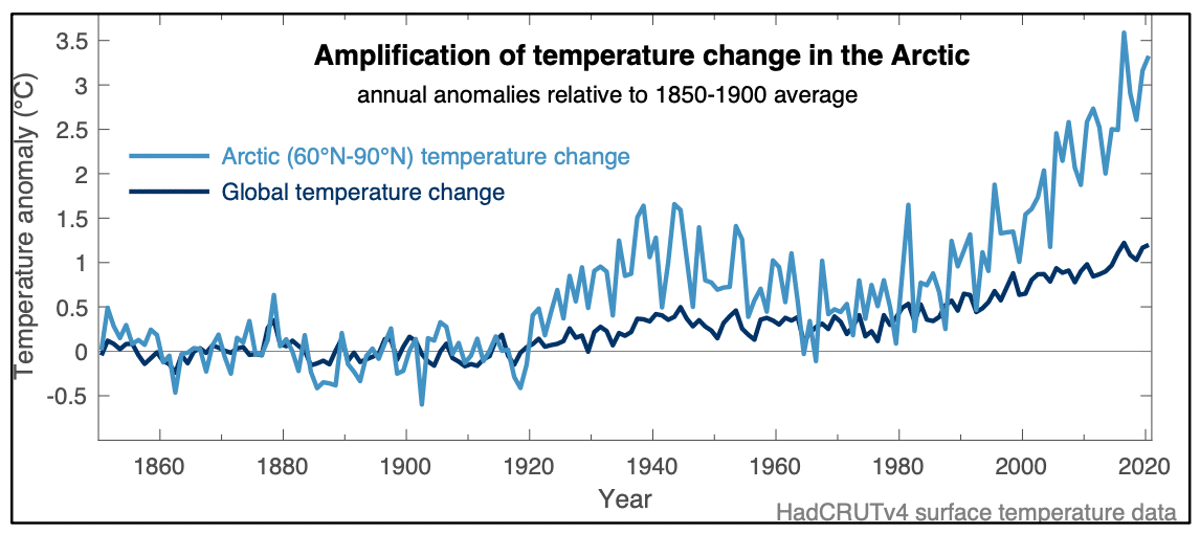 איור 1: השוואה בין שינוי הטמפרטורה העולמי הממוצע, ושינוי באזור הארקטי משנת 1850 ועד היום. מסופק על ידי Nerilie אברם באמצעות נתוני IPCC, ANU, אוסטרליה, 2021