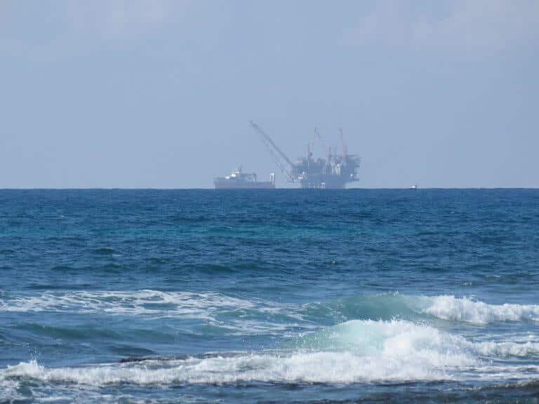 The Leviathan gas rig near Dor Beach. Photo: By Amir.bendavid - Own work, CC BY-SA 4.0, https://commons.wikimedia.org/w/index.php?curid=86431120 from Wikipedia