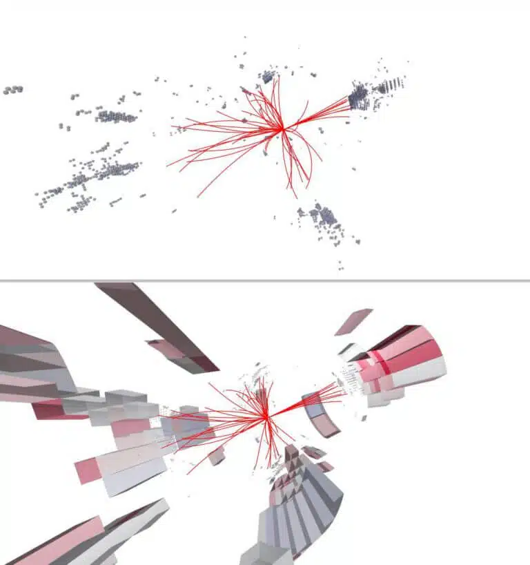 Simulating the collision as it could have been if the detector was more accurate (in the top image), allows the computer to be taught to analyze the collision more accurately and efficiently (in the bottom image). The red lines indicate the trajectory of the particles after the collision