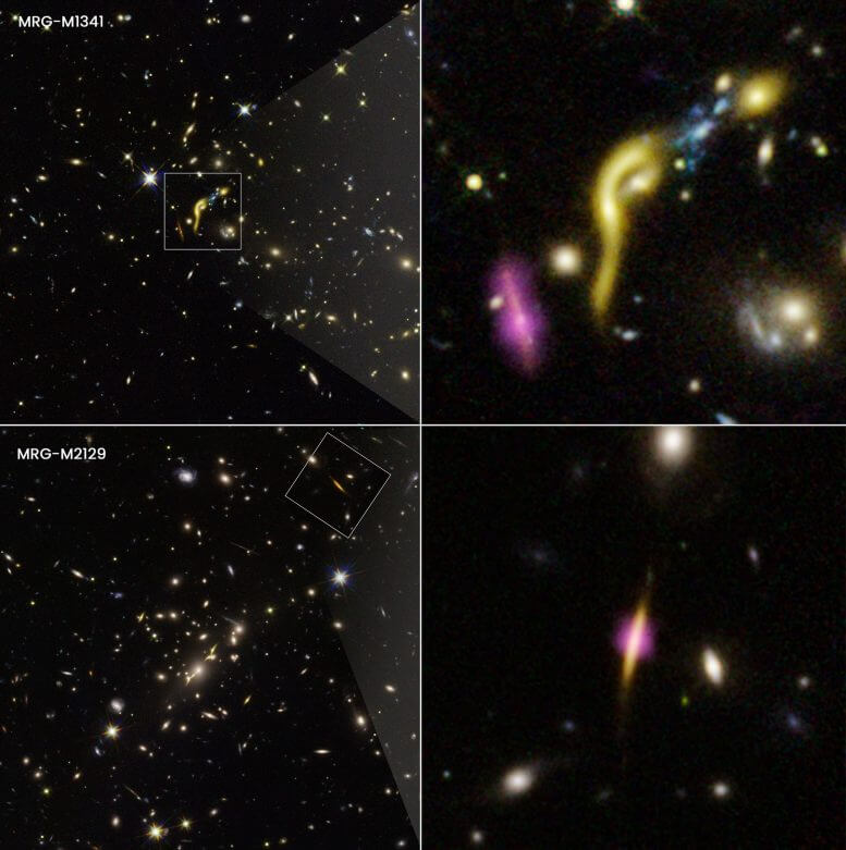 אלה תמונות מורכבות מהאבל ו-ALMA. התמונות במסגרות, שהוגדלו, מראות שתיים משש הגלקסיות המסיביות הרחוקות שהמדענים מצאו שיצירת הכוכבים בהן נפסקה בגלל אזילת מקור הדלק - גז מימן קר. Credit: Lead Author: NASA, ESA, Katherine E. Whitaker (UMass), Image Processing: Joseph DePasquale (STScI)