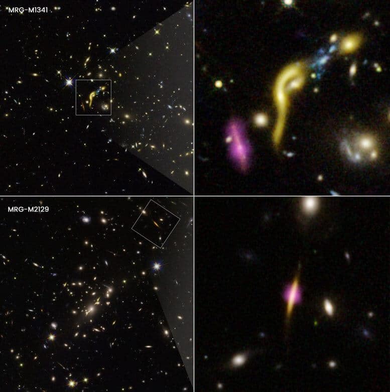 These are composite images from Hubble and ALMA. The pictures in the frames, enlarged, show two of the six distant massive galaxies that the scientists found where star formation had stopped due to the exhaustion of the fuel source - cold hydrogen gas. Credit: Lead Author: NASA, ESA, Katherine E. Whitaker (UMass), Image Processing: Joseph DePasquale (STScI)