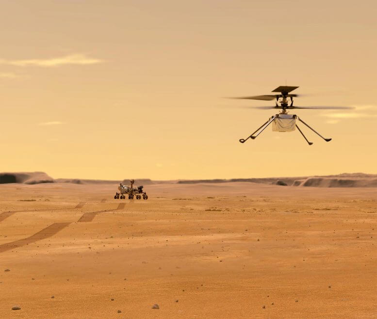 האיור הזה מראה את מסוק המאדים אינג'נואיטי בטיסת ניסוי במאדים. אינג'נואיטי נלקח למאדים כשהוא קשור לגחון של הרכב פרסבירנס (הנראה ברקע). אינג'נואיטי, ניסוי טכנולוגי, היה כלי הטיס הראשון שניסה לבצע טיסה מבוקרת על כוכב לכת אחר ב-2021.