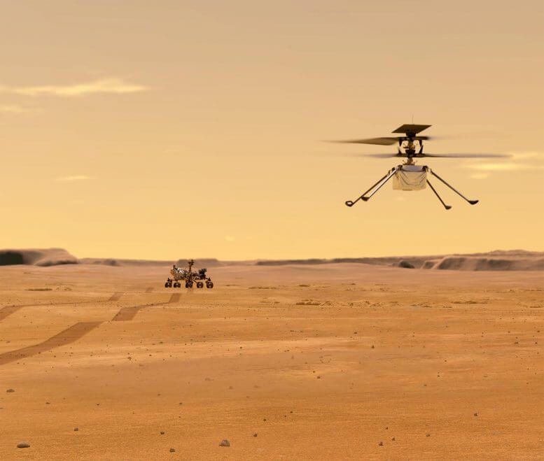 This illustration shows the Ingenuity Mars lander on a test flight to Mars. Ingenuity was taken to Mars strapped to the belly of the Persvirance vehicle (seen in the background). Ingenuity, a technology experiment, was the first spacecraft to attempt a controlled flight to another planet in 2021.