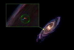 אסטרונומים גילו חור עצום בצורת כדור בגלקסיית שביל החלב, המיקום שלו מוצג מימין. מבט מקרוב של החור (משמאל) מראה את העננים המולקולריים פרסאוס (בכחול) וטאורוס (שור) (באדום). למרות שנראה שהם נמצאים בתוך החור ונוגעים, תמונות תלת מימדיות חדשות של העננים מראות שהם גובלים בחור ויש מרחק רב ביניהם. התמונה הזאת הופקה בדבק באמצעות WorldWide Telescope. קרדיט: Alyssa Goodman/Center for Astrophysics | Harvard & Smithsonian