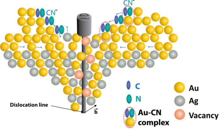 Schematic illustration depicting nucleation and one-dimensional growth of gold-cyanide nano-needles along a dislocation in the original alloy during the classical alloy separation process