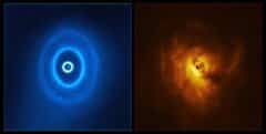 תמונה של GW Orionis, מערכת כוכבים משולשת עם רווח מסתורי בטבעות האבק שמקיפות אותה. ההשערה של האסטרונומים מ-UNLV היא שיש כוכב לכת מסיבי ברווח, שיכול להיות הכוכב הראשון שהתגלה אי פעם שנע במסלול סביב שלושה כוכבים. התמונה השמאלית, שסיפק טלסקופ המערך הגדול המילימטרי/ תת מילימטרי באטקמה (ALMA), מראה את המבנה הטבעתי של הדיסקה, כשהטבעת הכי פנימית נפרדת משאר הדיסקה. התצפיות בתמונה הימנית מראות את הצל של הטבעת הכי פנימית על שאר הדיסקה. האסטרונומים מ-UNLV השתמשו בתצפיות מ-ALMA כדי לבנות מודל מקיף של מערכת הכוכבים. קרדיט: ALMA (ESO/NAOJ/NRAO), ESO/Exeter/Kraus et al