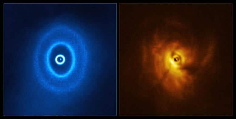 Image of GW Orionis, a triple star system with a mysterious gap in the dust rings that surround it. The UNLV astronomers hypothesize that there is a massive planet in space, which could be the first star ever discovered orbiting three stars. The left image, provided by the Atacama Large Millimeter/Submillimeter Array Telescope (ALMA), shows the ring structure of the disk, with the innermost ring separated from the rest of the disk. The observations in the right image show the shadow of the innermost ring on the rest of the disk. The UNLV astronomers used observations from ALMA to build a comprehensive model of the star system. Credit: ALMA (ESO/NAOJ/NRAO), ESO/Exeter/Kraus et al