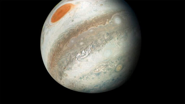 Jupiter's Great Red Spot as captured by Juno's camera lens. Its size is the size of the earth