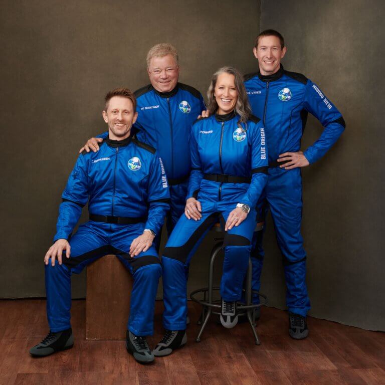 The crew of NS-18. Pictured from left to right: Dr. Chris Boschwiesen, William Shatner, Audrey Powers and Glenn de Vries. Public relations photo, Blue Origin