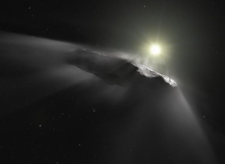 התרשמות האמן הזאת מראה את העצם הבין כוכבי הראשון שהתגלה במערכת השמש, אומואמואה. קרדיט: ESA/Hubble, NASA, ESO, M. Kornmesser