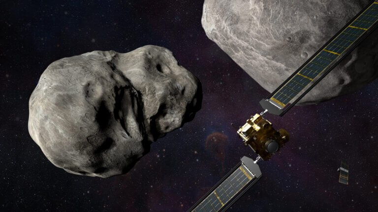 Illustration of NASA's DART spacecraft and the Italian Space Agency's LICIACube before impact with the Didymos split asteroid system. Image credit: NASA/Johns Hopkins APL/Steve Griven