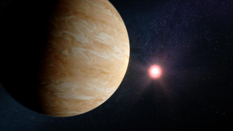 איור המראה איך האקזופלנטה GJ 1214 b יכולה להיראות על סמך המידע הנוכחי. GJ 1214 b, אקזופלנטה חמימה בגודל תת-נפטוני שרחוקה בערך 48 שנות אור מהארץ, היא אחת מהאקזופלנטות הכי נחקרות בגלקסיה. מתצפיות ספקטרוסקופיות קודמות עולה שהפלנטה אפופה בארוסולים (עננים או ערפל), שבגללם לא הצליחו עדיין לקבוע מה הרכב הגזים שיוצרים את האטמוספרה העבה שלה. קרדיט: NASA, ESA, CSA, and D. Player (STScI)