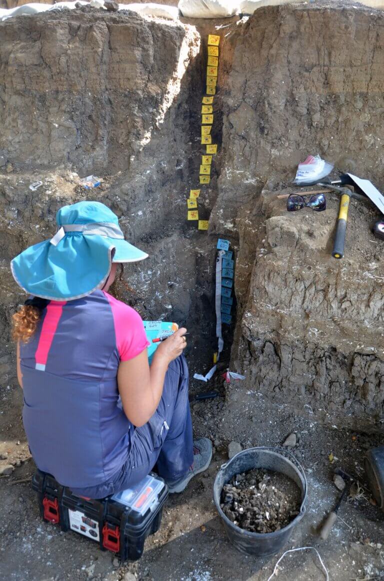 Dr. Dafna Langut collects sediment samples from the excavation at the Jordan Steps for microscopic examination of plant remains. Photo credit: Prof. Gonen Sharon, Tel Hai Academic College.