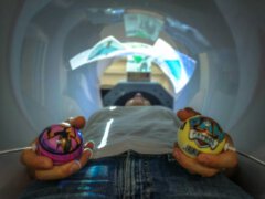 צילום אילוסטרציה של מהלך הניסוי במכשיר ה-fMRI. במהלך הניסוי נעשה שימוש חדשני בכדורים מודדי לחיצות שנועדו לאפשר לנבדקים לבטא תוקפנות באופן המדמה טוב יותר סיטואציה טבעית. תצלום: עופר פרל. באדיבות דוברות מכון ויצמן