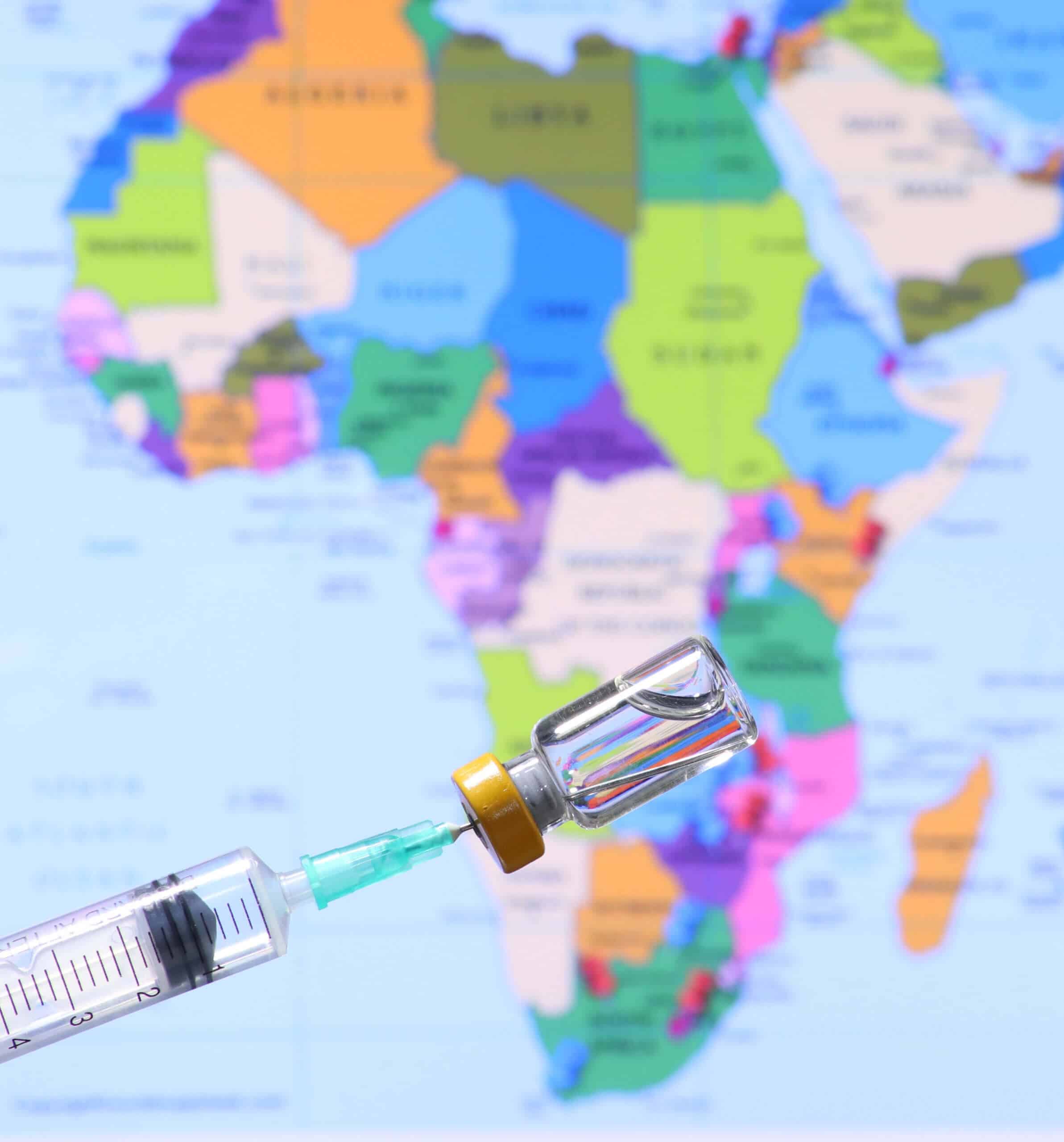 Corona virus and vaccine against the background of the map of Africa. Illustration: shutterstock