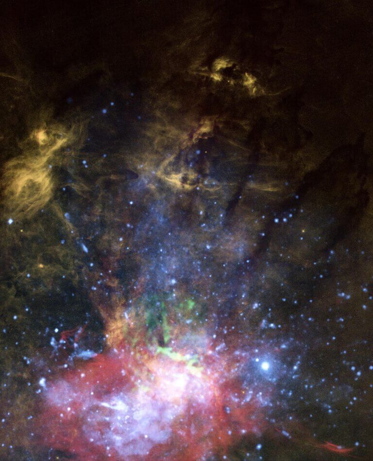 It is a complex picture of X-rays, molecular gas and hot ionized gas near the center of the galaxy. The orange shapes are glowing hydrogen gas. One of these shapes, at the upper end of the jet (see an illuminated image below) is interpreted as a hydrogen cloud that was hit by the jet and moved outward. The jet disperses the cloud into tendrils that move towards the north. Further down near the black hole are X-ray observations of highly heated gas in blue and molecular gas in green. These data are evidence that the black hole is occasionally accreted by stars or gas clouds, and is ejecting some of the very hot material along its axis of rotation. Credit: NASA, ESA, and Gerald Cecil (UNC-Chapel Hill); Image Processing: Joseph DePasquale (STScI)