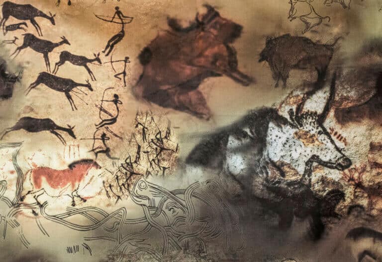 הדמיה של ציורי מערות ועליהם תיאורי צייד של האדם הפרה הסטורי. המחשה: depositphotos.com