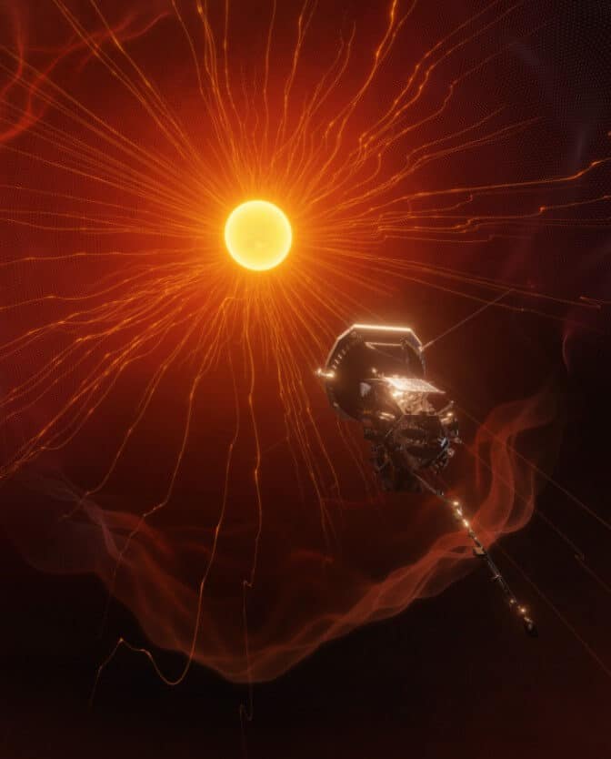 An artist's impression of the Parker Solar Probe approaching the critical Alfvén surface, which marks the end of the Sun's atmosphere and the beginning of the solar wind. The entry of the Parker Solar Probe into this region in April 2021 means that the spacecraft "touched the sun" for the first time. Credit: NASA/Johns Hopkins APL/Ben Smith