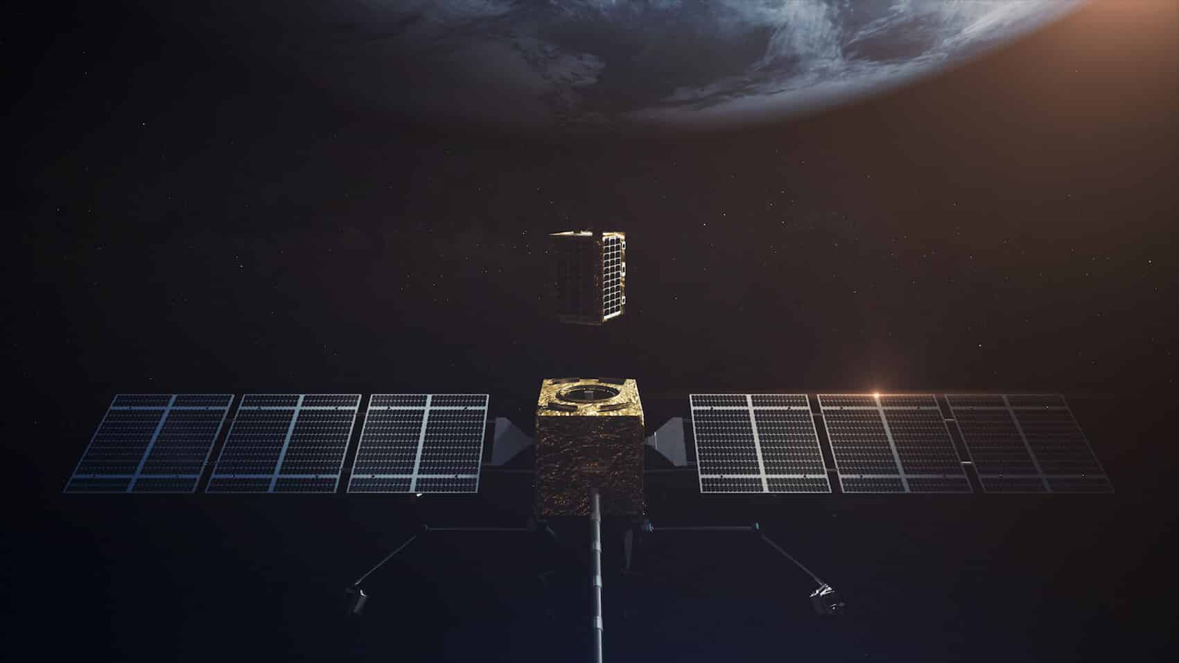 DONITZA PR Illustration of the rendezvous in space between the refueling station (the rectangular box above) and the Astroscale Lexi satellite (the gold cube with the wings). "Astroscale/Obitpub".