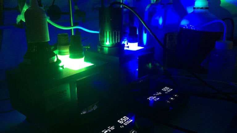 The reaction uses a catalyst activated by blue LED light [Courtesy: Dr Alex Cresswell]