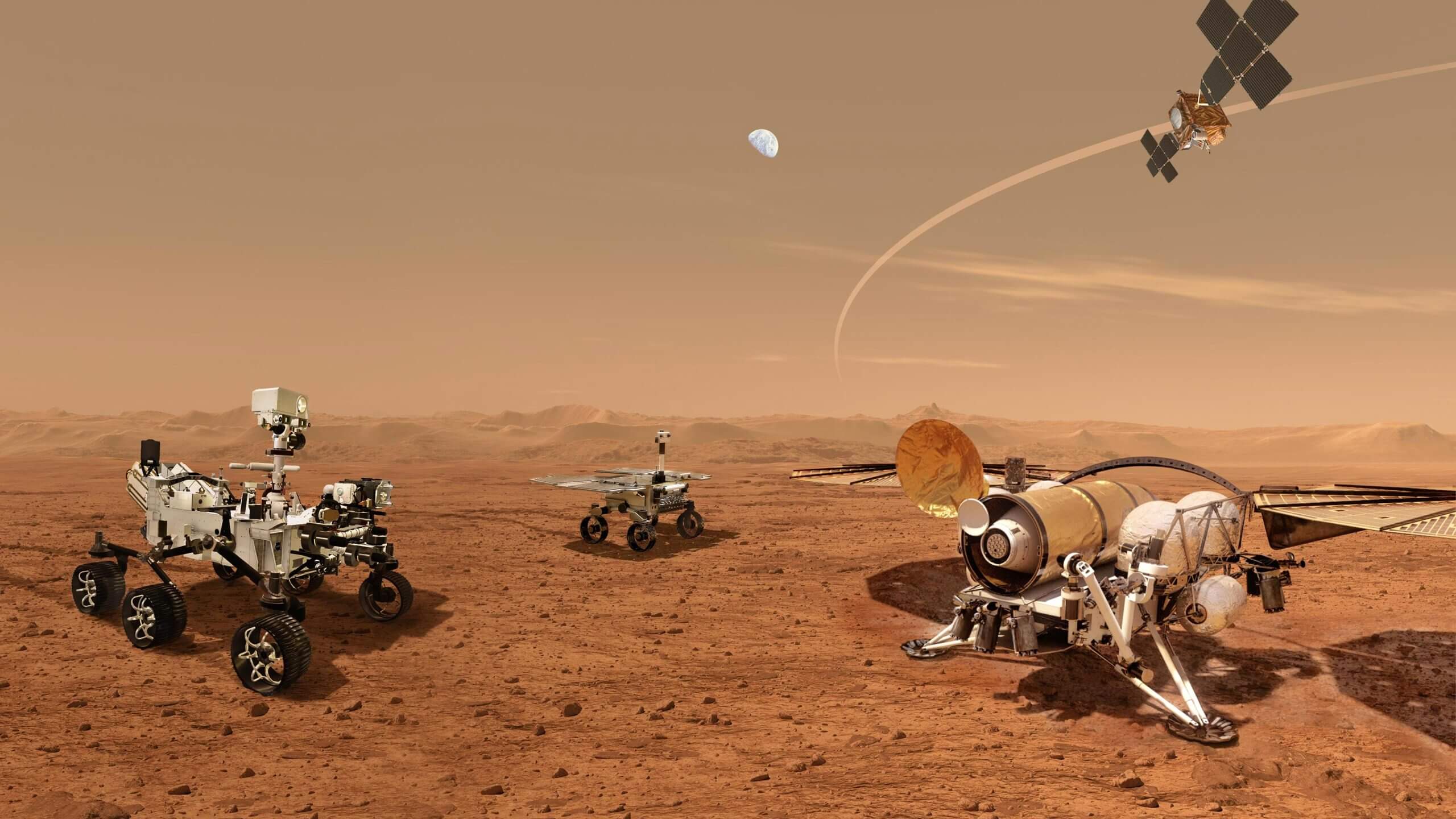 האיור הזה מראה הדמיה של קבוצת רובוטים עתידיים שעובדים ביחד כדי להוביל בחזרה דגימות מפני המאדים שנאספו על ידי רכב המאדים פרסבירנס של נאס"א. קרדיט: NASA/ESA/JPL-Caltech