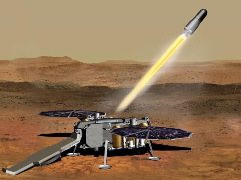 This illustration shows a simulation of how NASA's Mars Rover, carrying test tubes containing rock and soil samples, might be launched from the surface of Mars during one phase of the Mars sample return mission. Credit: NASA/JPL-Caltech