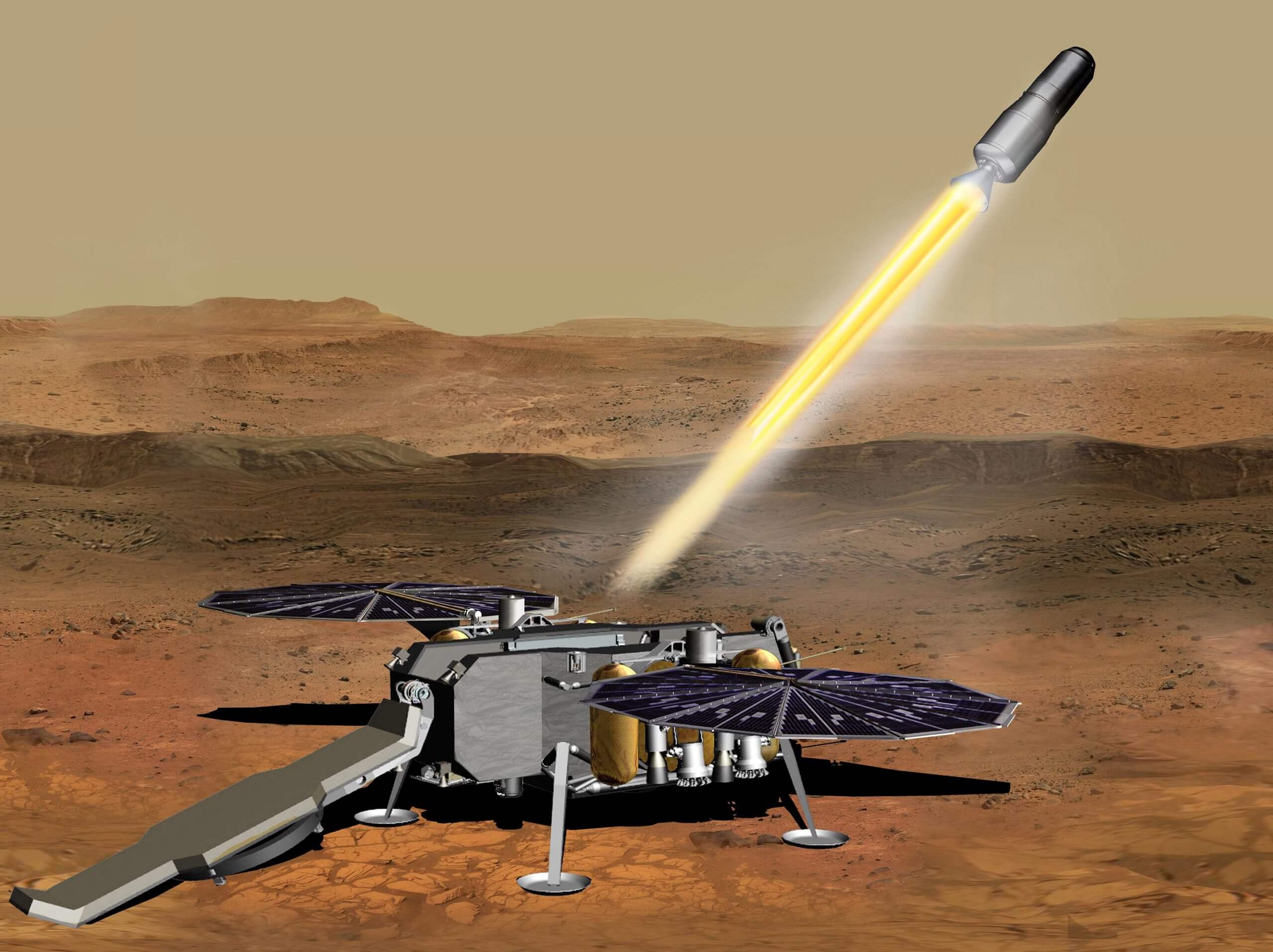 האיור הזה מראה הדמיה איך רכב הטיפוס ממאדים של נאס"א, שנושא מבחנות המכילות דגימות של סלעים וקרקע, יכול להיות משוגר מפני המאדים באחד השלבים של משימת החזרת הדגימות ממאדים. קרדיט: NASA/JPL-Caltech