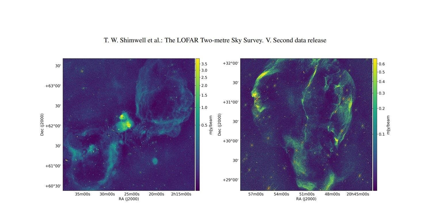 משמאל: איזור יצירת הכוכבים W3/W4/HB3 בגלקסית שביל החלב. מימין: סופרנובת הלולאה. צילום: LoTSS mosaics