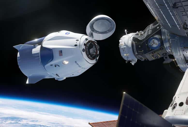 In this illustration, the SpaceX Crew Dragon spacecraft approaches the International Space Station for docking. The Ax-1 crew will fly the SpaceX Crew Dragon Endeavour. Credit: NASA/SpaceX