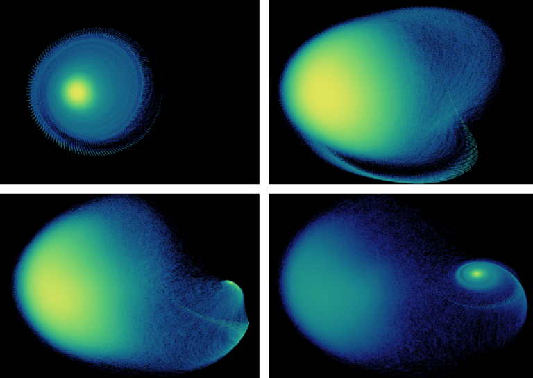 In the picture you see a large collection of the "quantum trajectories" of the polaritons, where the distance from a certain reference point (the end of the tail seen in the upper right picture, the starting point of the simulation) is a measure of the number of polaritons. Additional polaritons are injected from outside and others disappear randomly (escape from the resonance cavity). The "tracks" start from the same point but then separate from each other due to the random occurrences, which differ from track to track. The frequency of the injected photons varies from image to image. Chaos appears in the upper right image, and in the lower left (the large bright area).