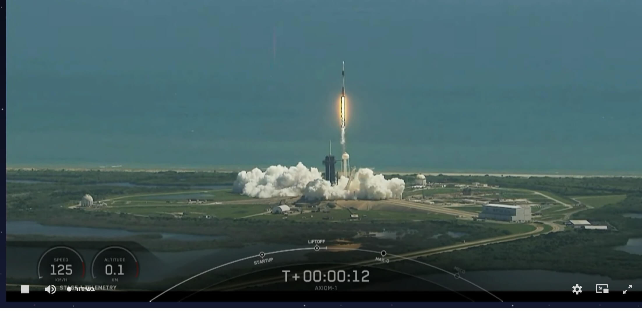 إطلاق طاقم المركبة الفضائية Endeavour Dragon على منصة الإطلاق Falcon 9 للمهمة الخاصة AX-1 والتي شارك فيها أيضاً الإسرائيلي إيتان ستيفا. لقطة شاشة من بث اكسيوم. وتخضع شركات الفضاء لقوانين الدول التي تعمل فيها.
