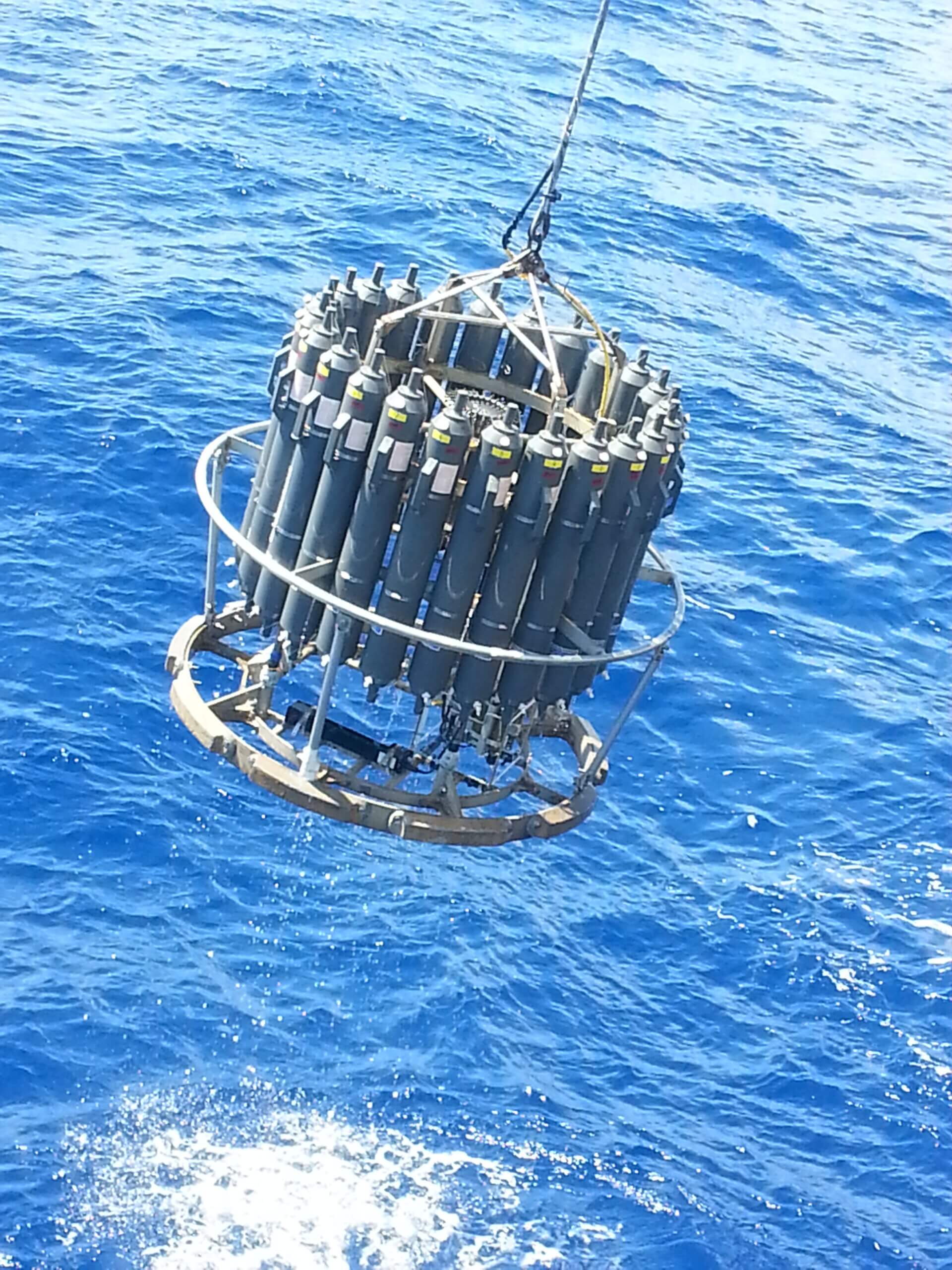 The sample containers rise from the water