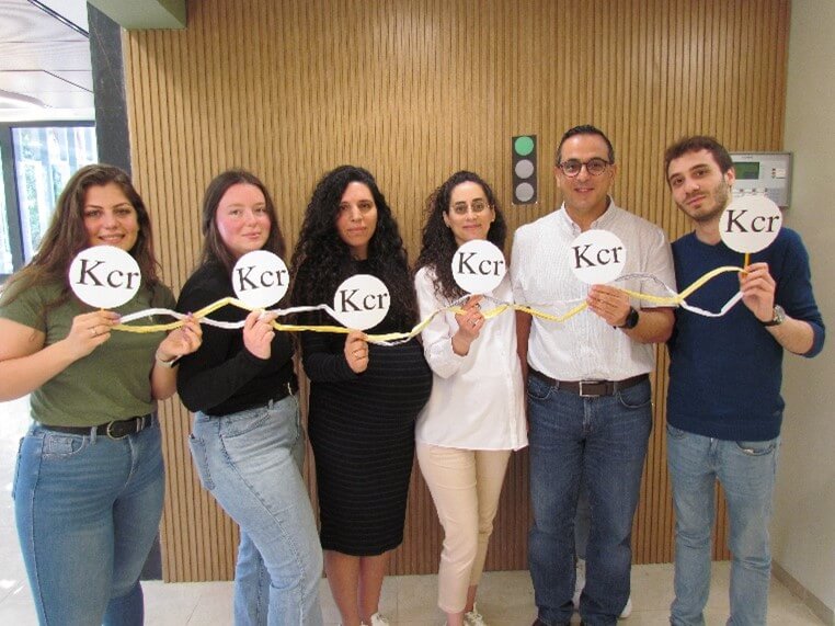 The authors of the article are holding a double-stranded DNA molecule containing histones with crotonyl (Kcr) molecules on them, in a normal state where gene expression is possible (marked with a green traffic light). From right to left: Firas Mash'or, Prof. Nabia Ayoub, Inas Abu Zahya, Bela Ben - Oz, Alma Bar-Yitzchak and Lila Bashara. Credit: Technion barges