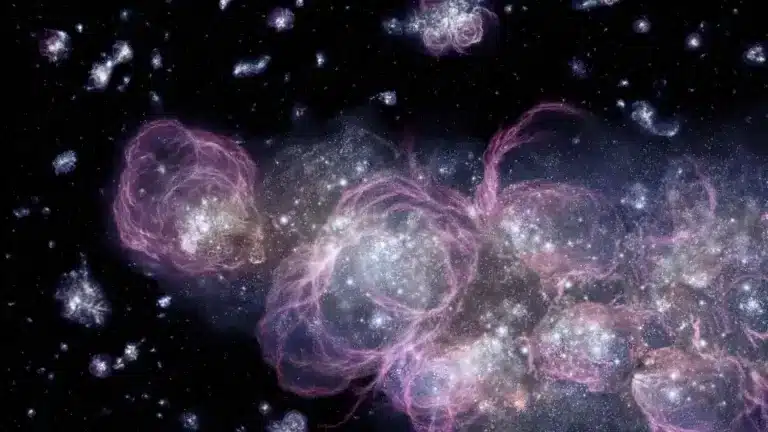 An artist's impression of star formation in the early universe, a few hundred million years after the Big Bang. (Image credit: (Adolf Schaller/Space Telescope Science Institute, NASA)