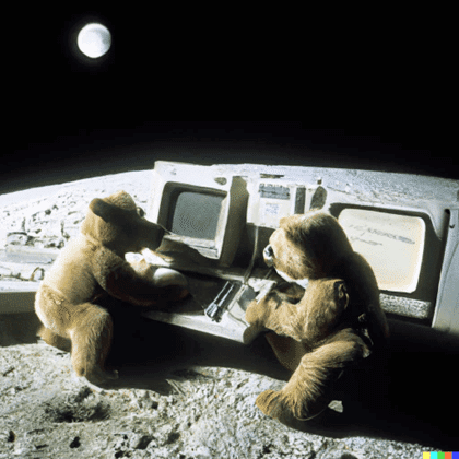 דובים מתכנתים על הירח במחשבים ישנים. תמונה שהופקה באמצעות תיאור לתוכנת DAL-E ובסיוע בינה מלאכותית. צילום יחצ