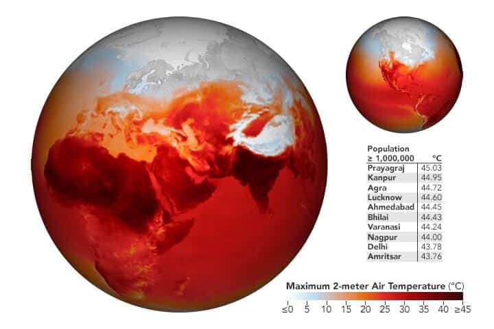 המפה למעלה מראה מודל של טמפרטורות האוויר ב-27 באפריל 2022. המקור שלה הוא המודל של מערכת התצפיות על הארץ גודארד (GEOS), והיא מייצגת את טמפרטורות האוויר בגובה של שני מטרים. קרדיט: SA Earth Observatory image by Joshua Stevens, using GEOS-5 data from the Global Modeling and Assimilation Office at NASA GSFC