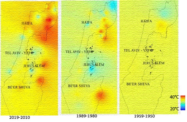 The heat load is consistently higher in the north of Israel, due to the higher humidity that prevails in the region. The average heat load in the north and south, illustration: from the study
