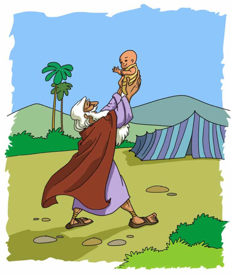 Avraham holds his son Yitzchak, who was born a year after the visit of the "angels". Illustration: depositphotos.com